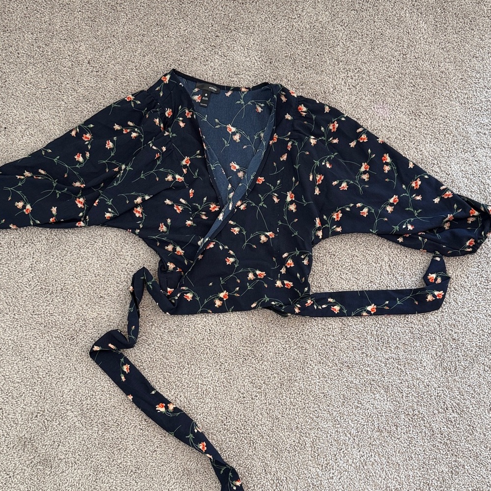 Aqua Navy Floral Wrap Blouse with Coral and Green Accent